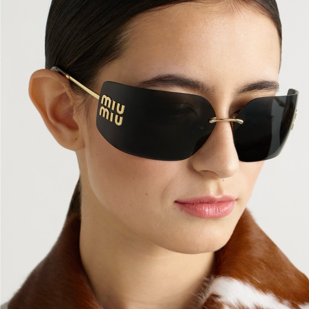 Miu Miu Black and Gold Rimless Logo Shield Sunglasses